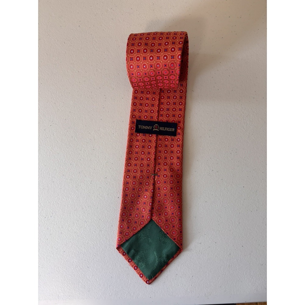 Tommy Hilfiger Silk Tie Orange & Navy With White & Navy Geometric Print - Picture 2 of 5